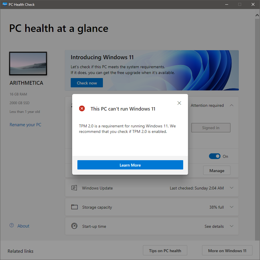 このPCではWindows 11 が動かないと表示されている画像
